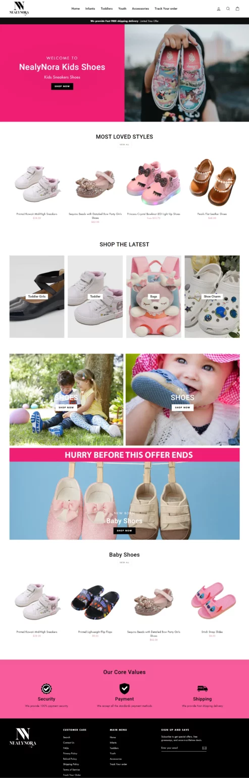 NealyNora Kids Shoes Shopify store design preview — Kids Footwear